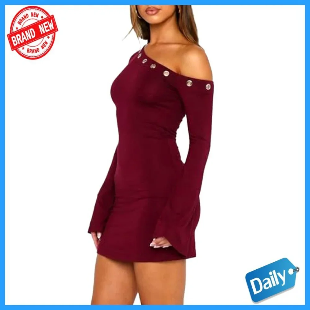 Off Shoulder Long Flared Sleeve Mini Bodycon Dress for Party Club